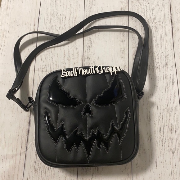 *Love Pain and Stitches Black Patent on Black Bad Company Square Pumpkin Purse